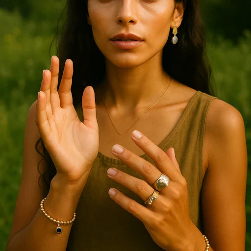 A green signature Ring on a lady's hand