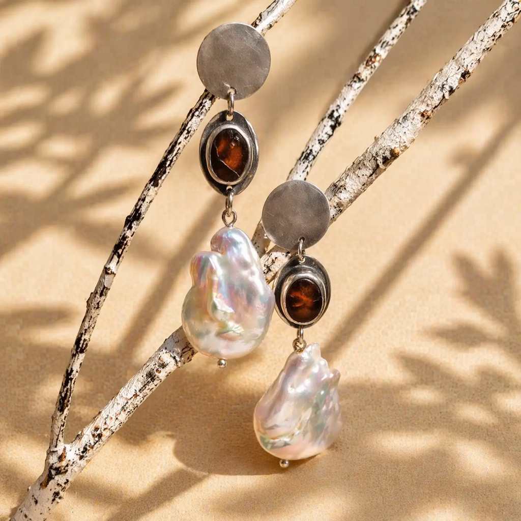 Pearls, Amber & Sterling silver Earrings
