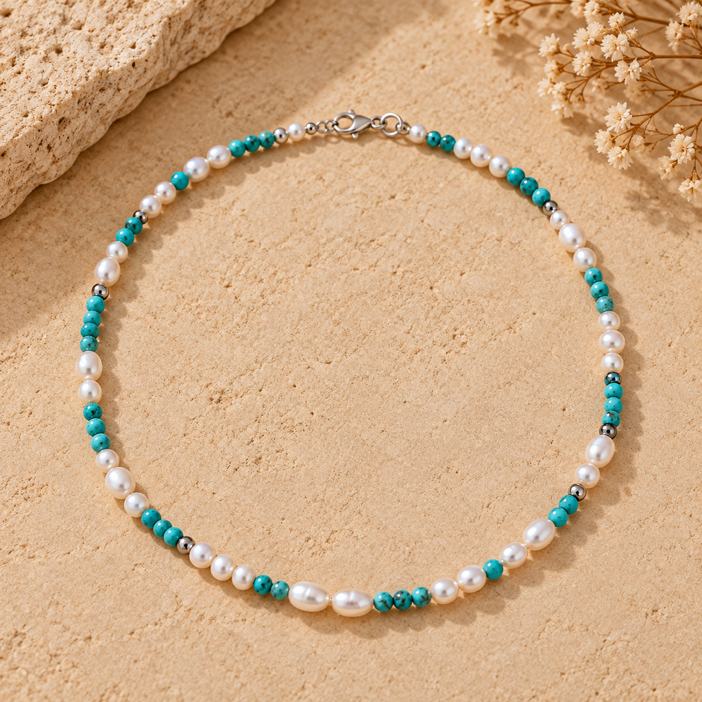 Pearls, silver and Turquoise necklace
