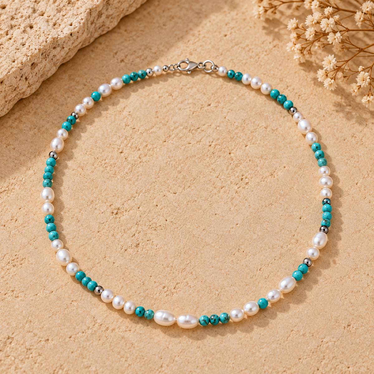 Pearls, silver and Turquoise necklace