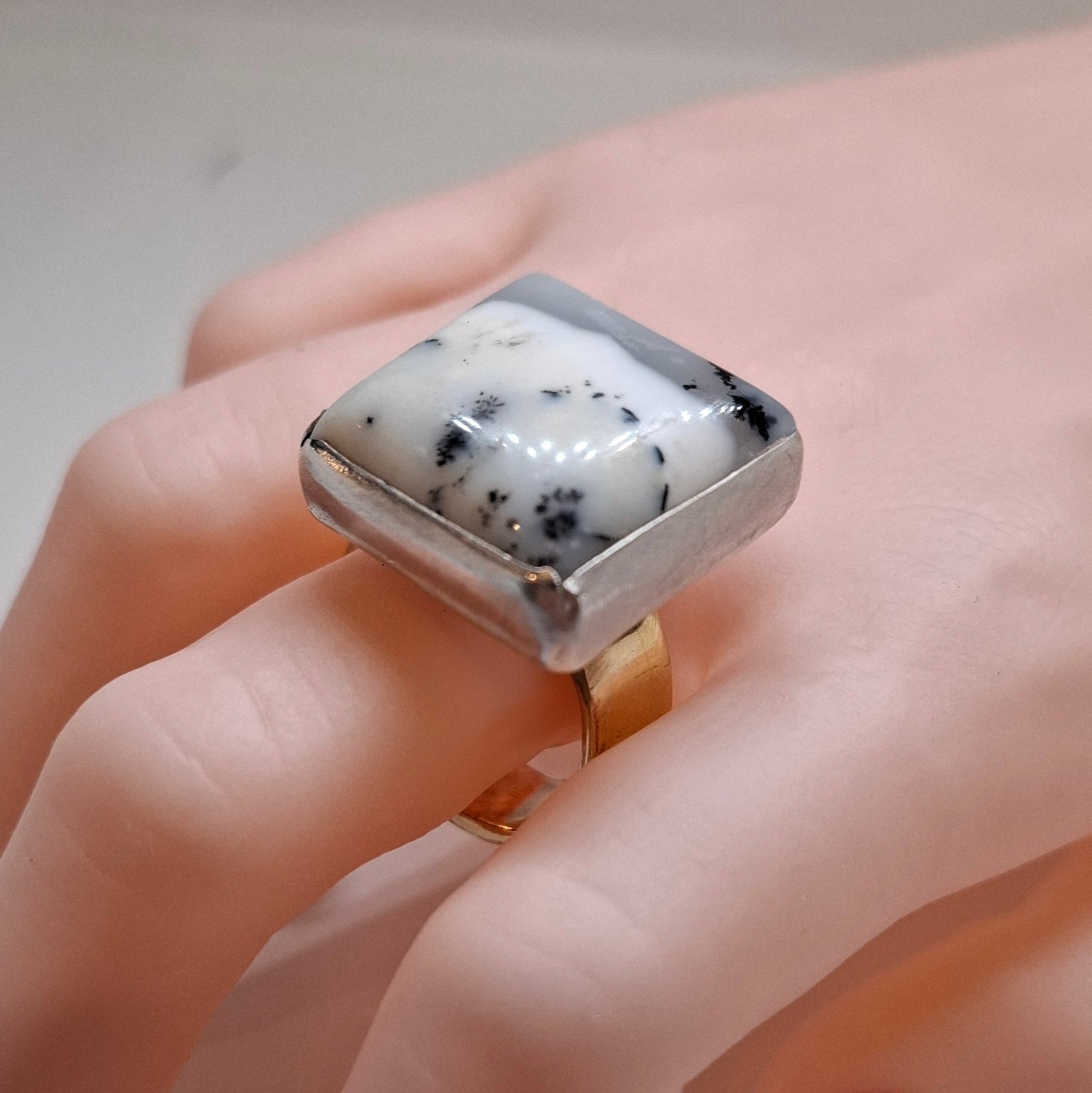 Square Dendritic agate set in Silver with a brass band Size Q