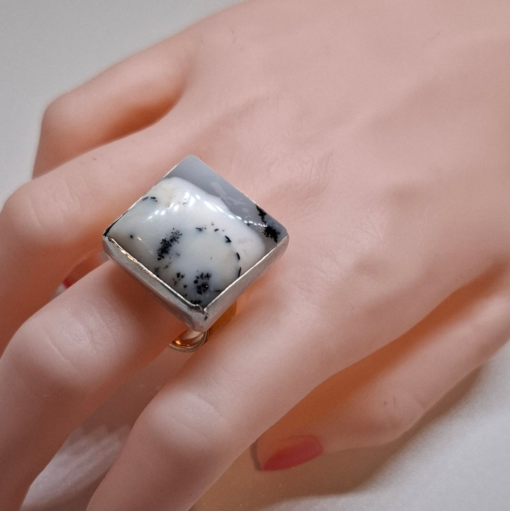 Square Dendritic agate set in Silver with a brass band Size Q