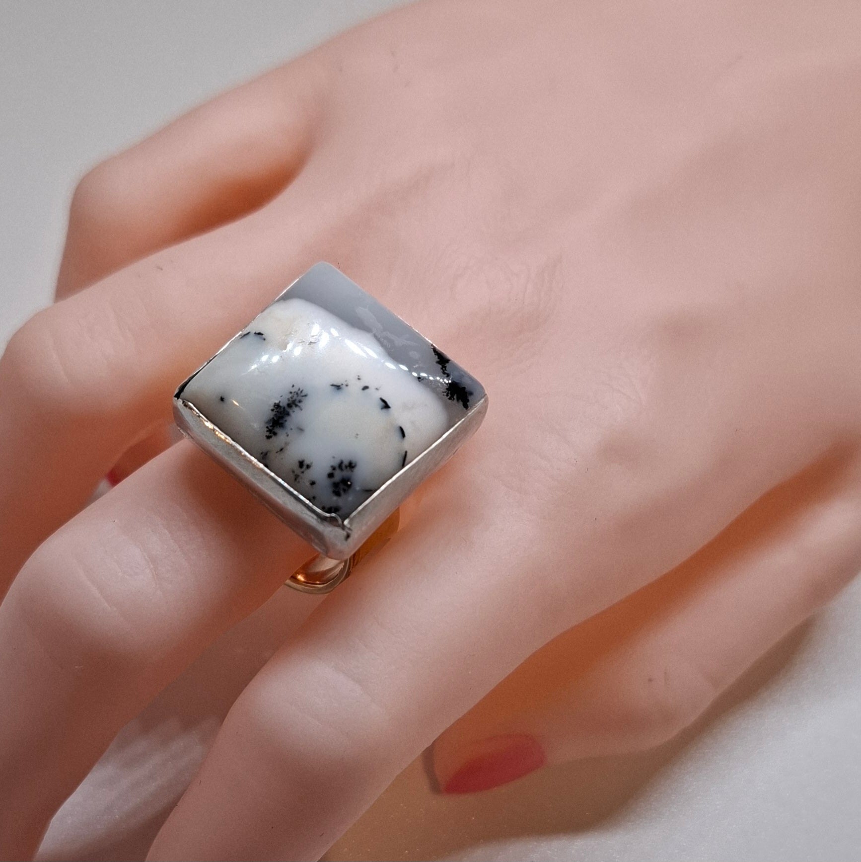 Square Dendritic agate set in Silver with a brass band Size Q