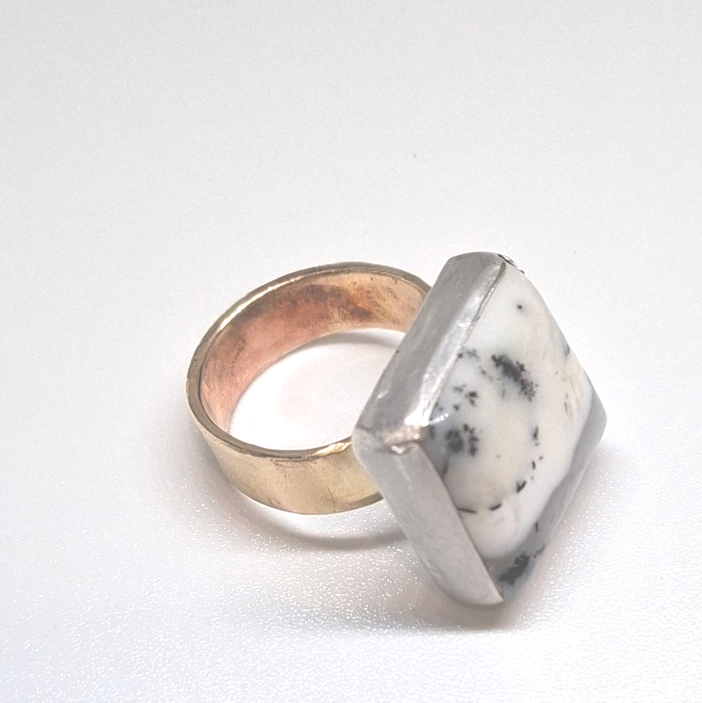 Square Dendritic agate set in Silver with a brass band Size Q