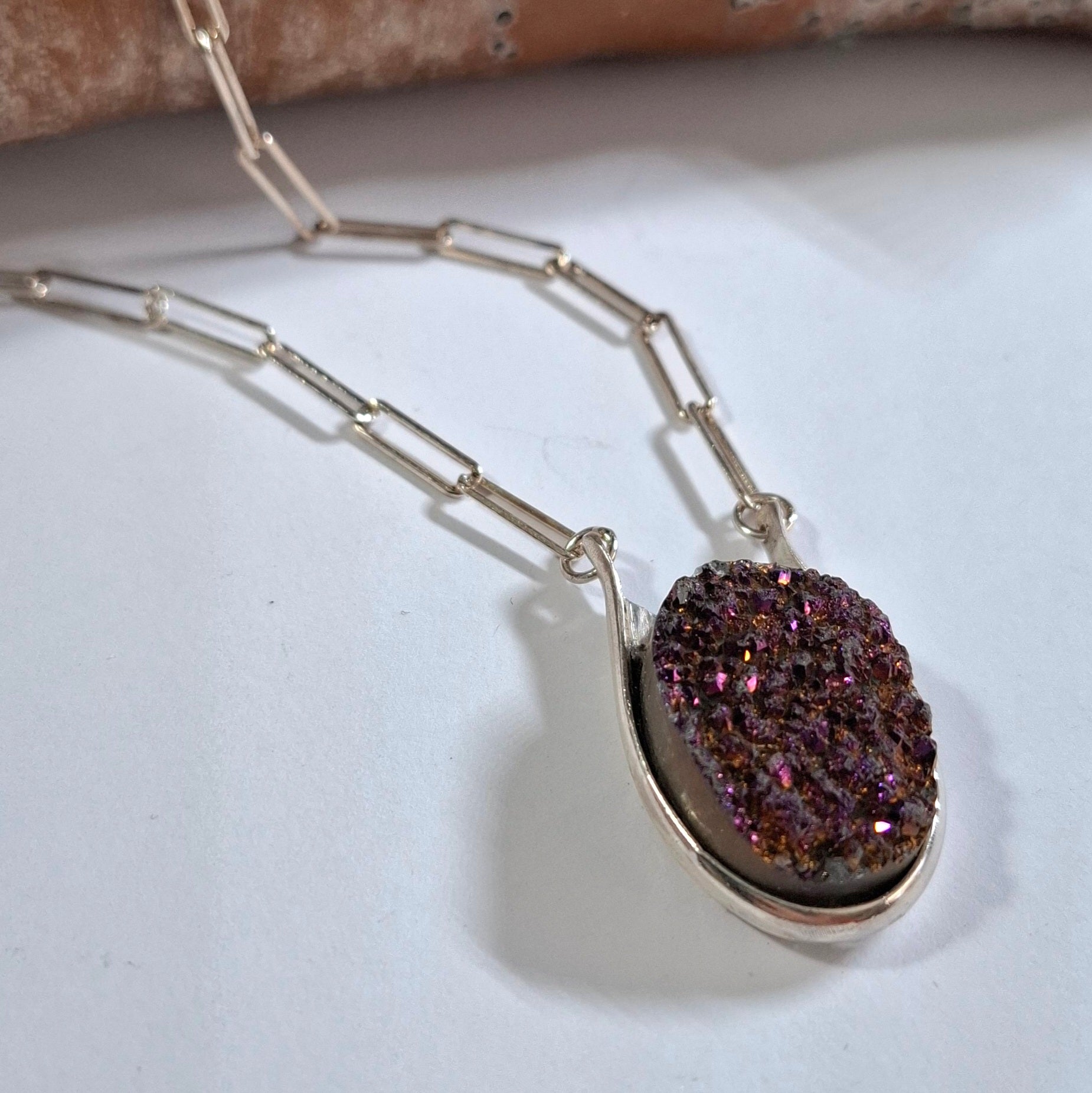 Druzy In Sterling Silver On Paperclip Chain Necklace