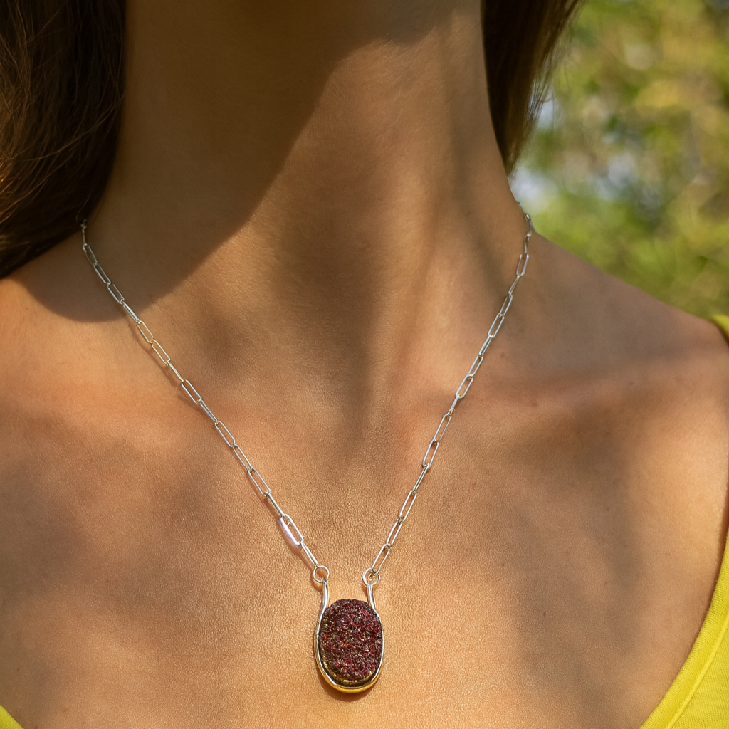 Druzy In Sterling Silver On Paperclip Chain Necklace