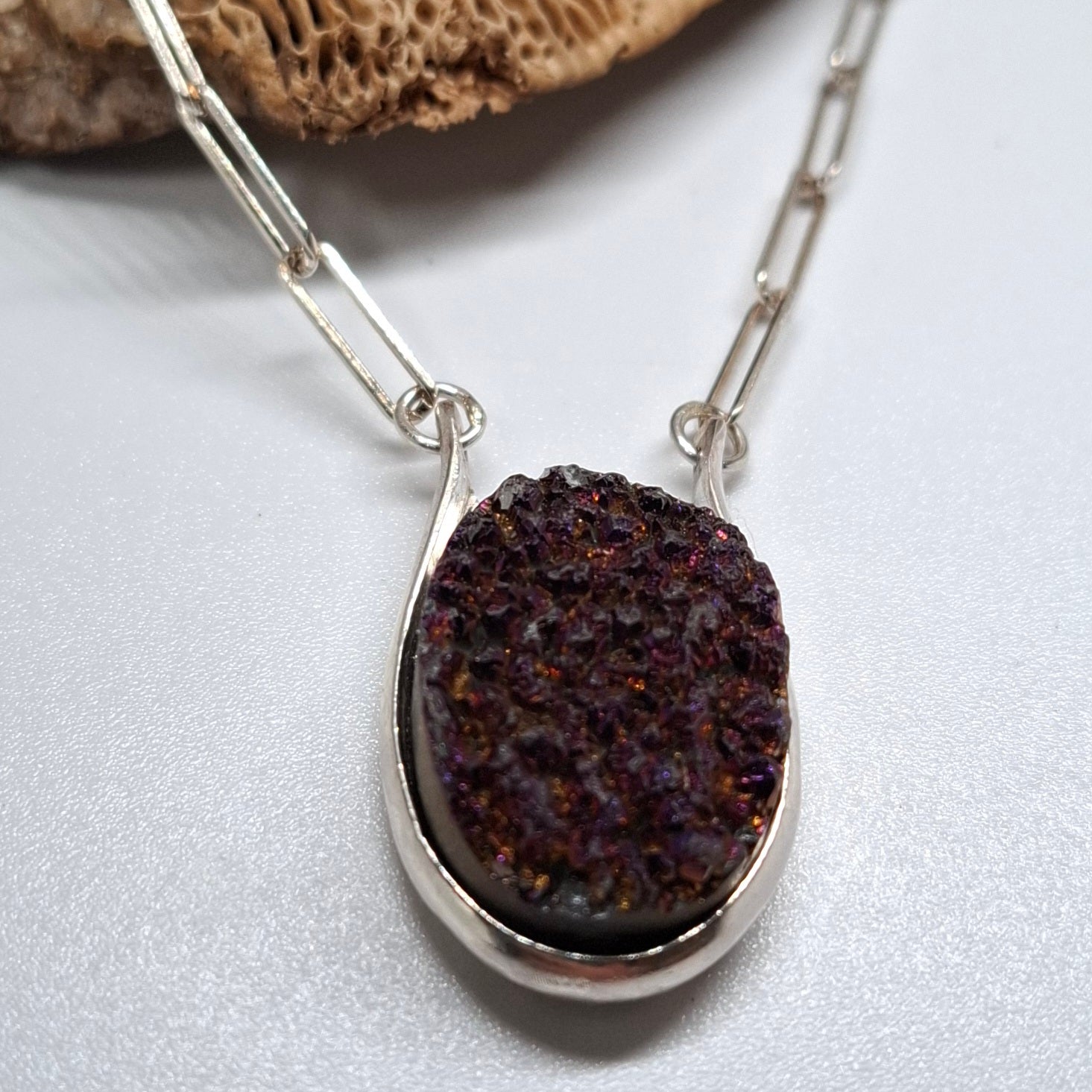 Druzy In Sterling Silver On Paperclip Chain Necklace