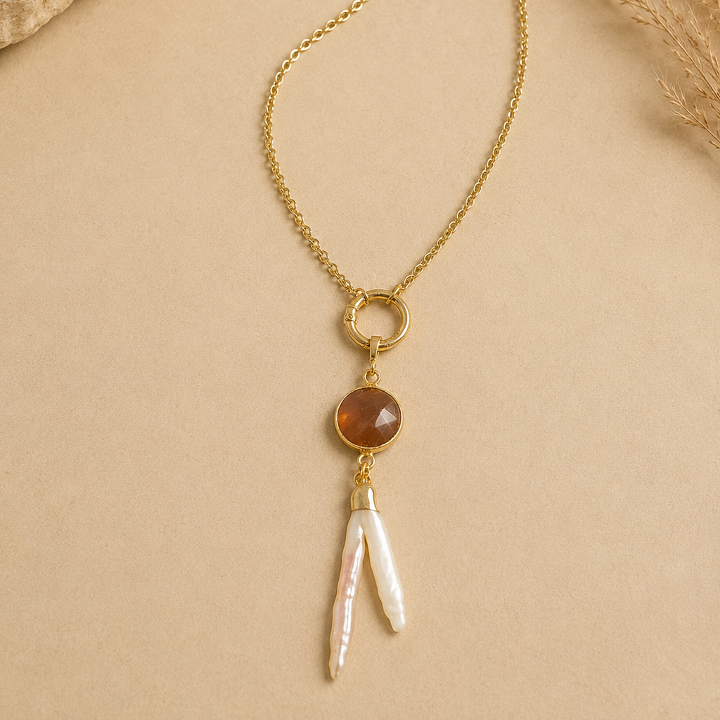 Long stainless steel pendant with Watermelon Quartz & Real pearl