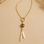 Long stainless steel pendant with Watermelon Quartz & Real pearl