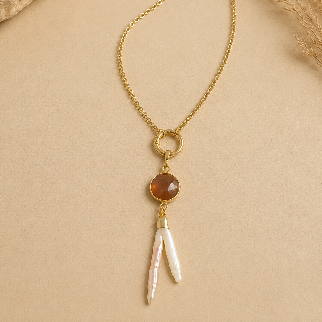 Long stainless steel pendant with Watermelon Quartz & Real pearl