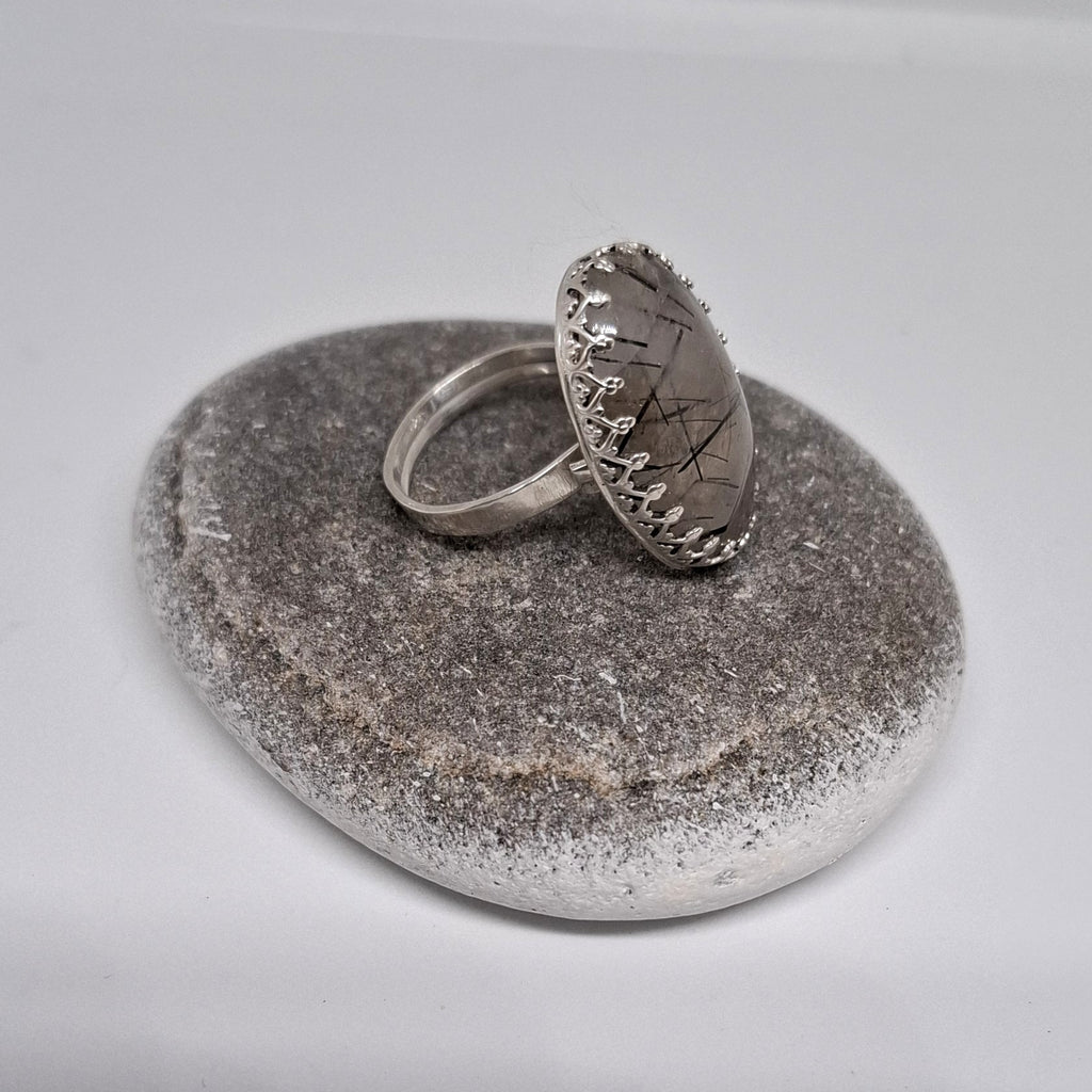 Tourmalinated Quartz set in sterling silver handmade ring Size M