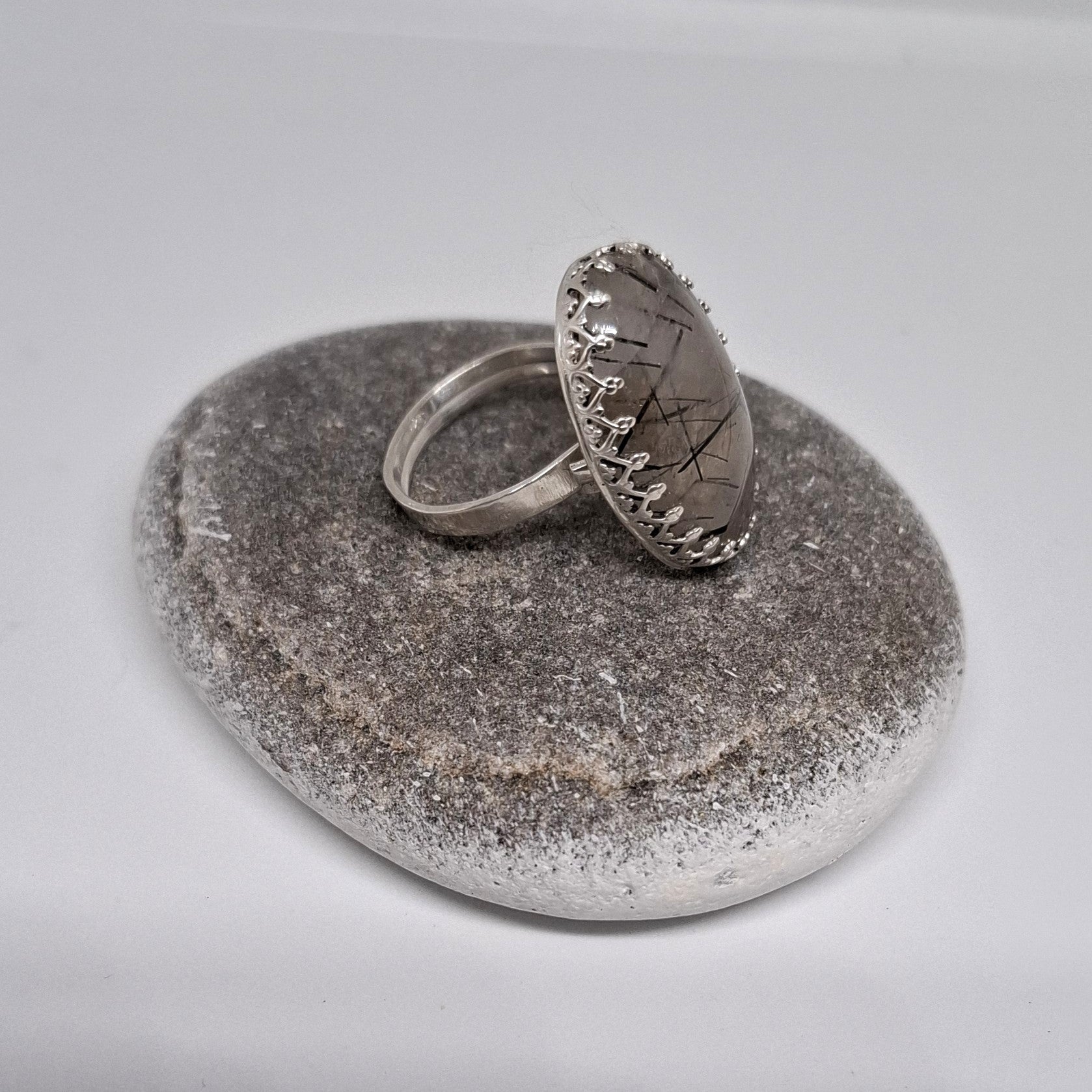 Tourmalinated Quartz set in sterling silver handmade ring Size M