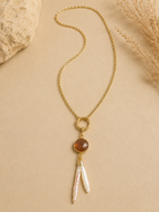 Long stainless steel pendant with Watermelon Quartz & Real pearl