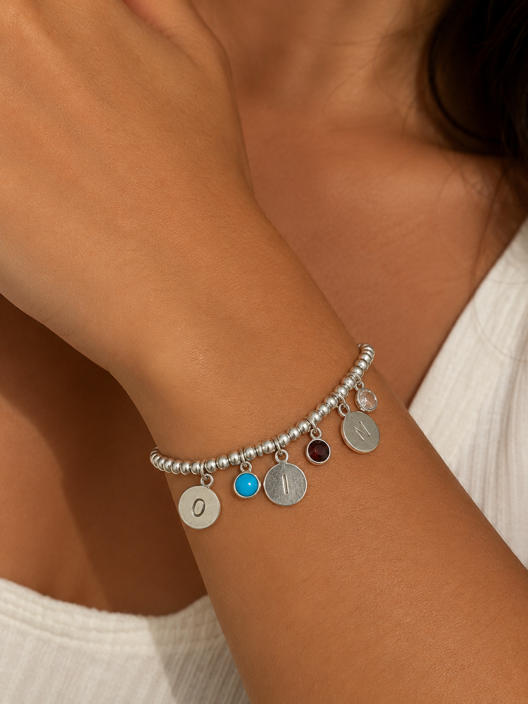 Birthstone & Initial sterling silver bracelet