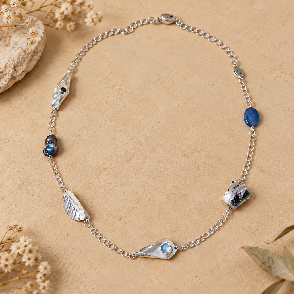 Sterling silver Pendant with peridot, moonstone & leaves
