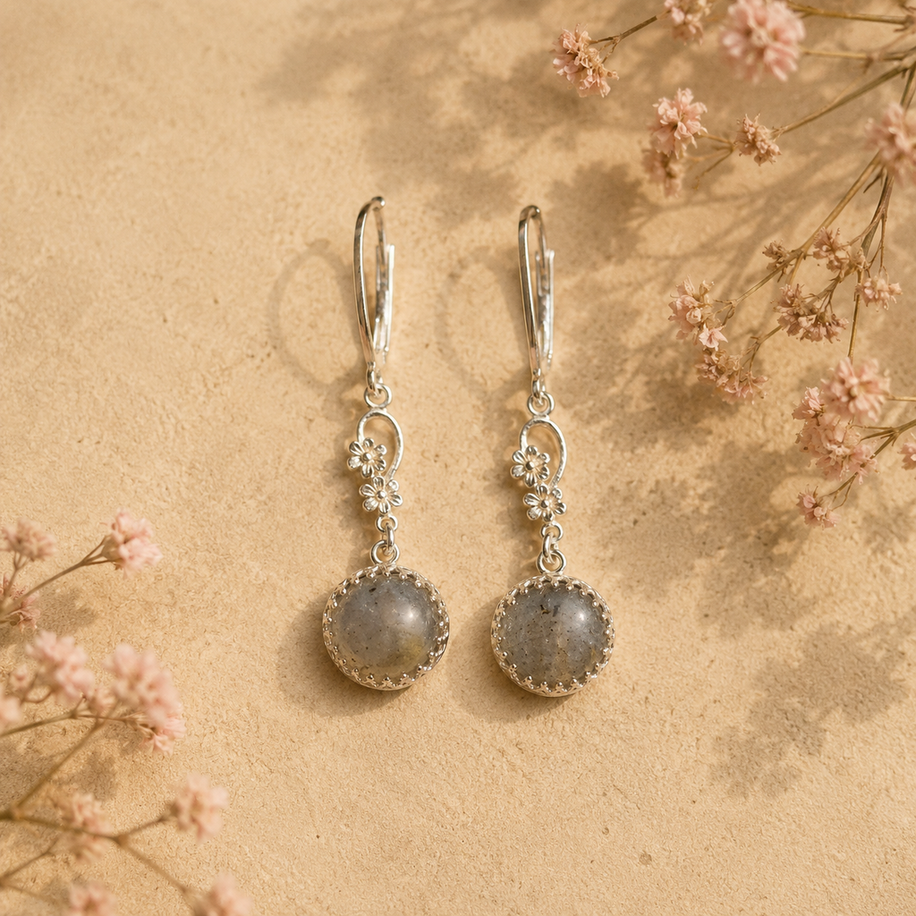Sterling silver Labradorite dangly earrings with flowers