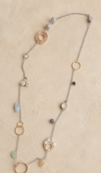 Long necklace with gemstones, sterling silver, brass, gold filled stainless steel