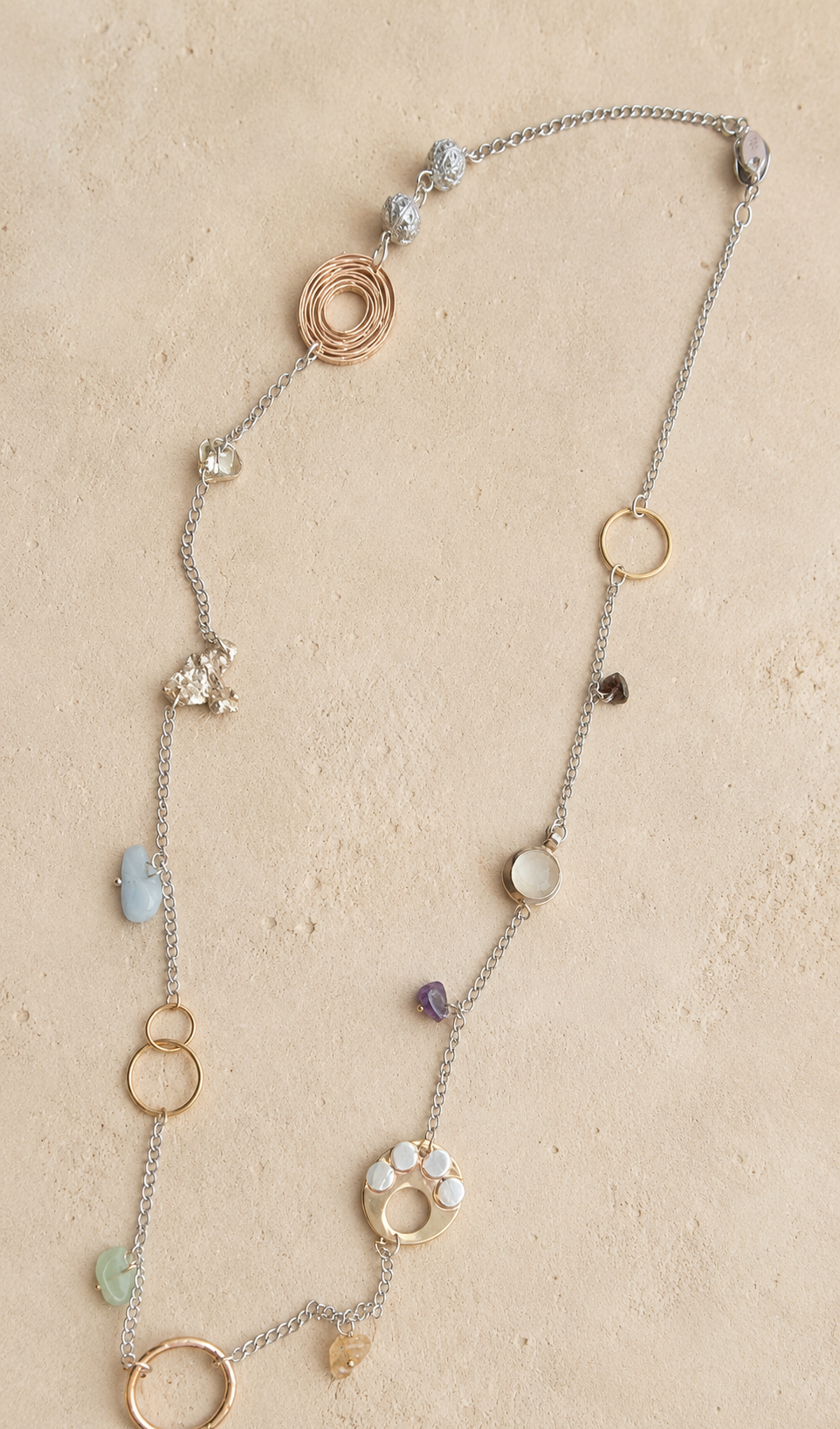 Long necklace with gemstones, sterling silver, brass, gold filled stainless steel