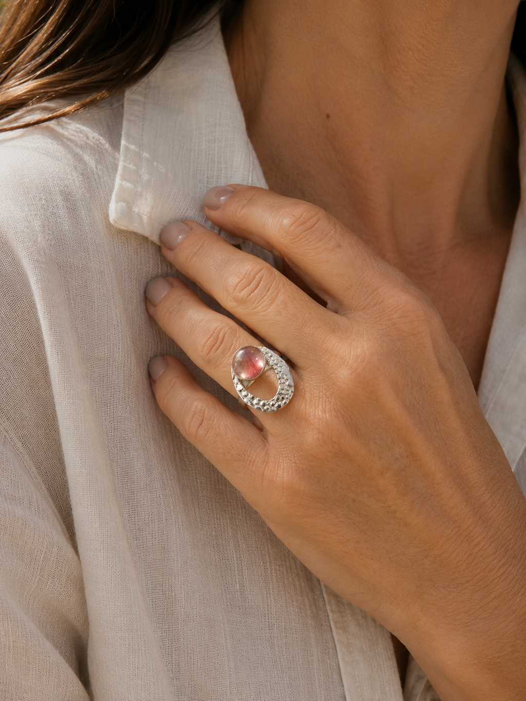 Watermelon Quartz in sterling silver ring