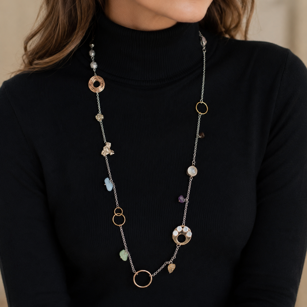 Long necklace with gemstones, sterling silver, brass, gold filled stainless steel