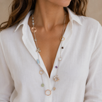 Long necklace with gemstones, sterling silver, brass, gold filled stainless steel